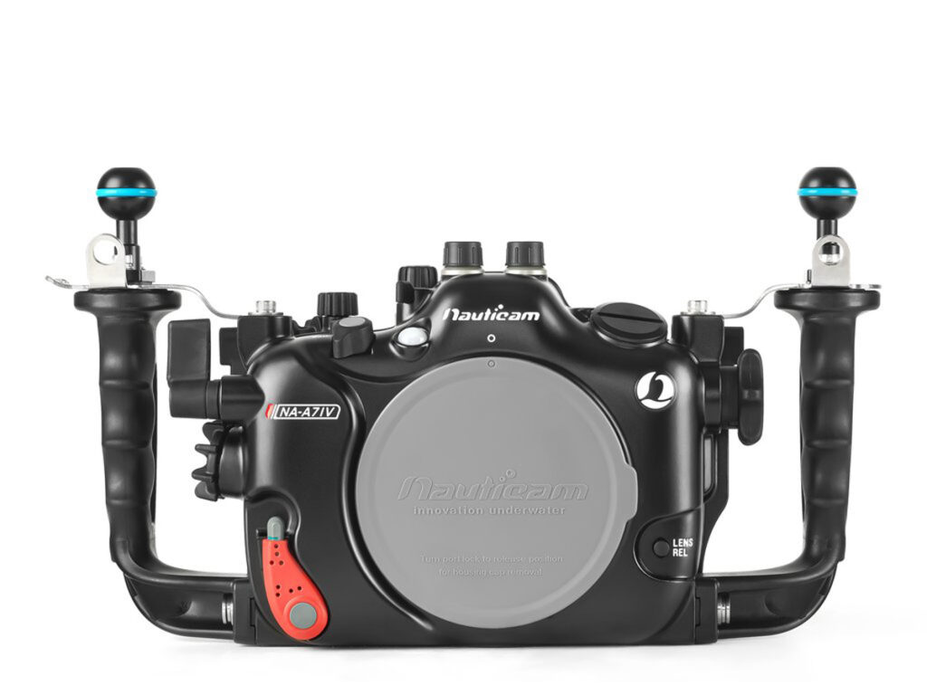 Underwater photography setup with Nauticam NA-A7IV housing for Sony A7IV camera, highlighting durable design and advanced features.