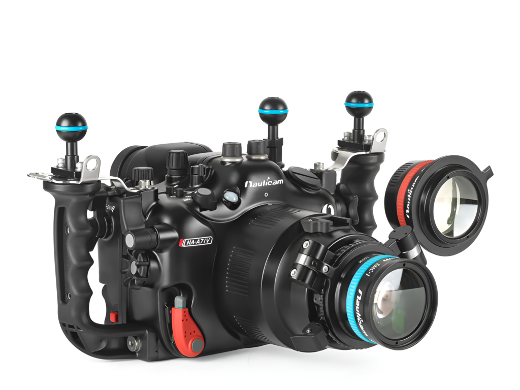 Underwater photography setup with Nauticam NA-A7IV housing for Sony A7IV camera, highlighting durable design and advanced features.