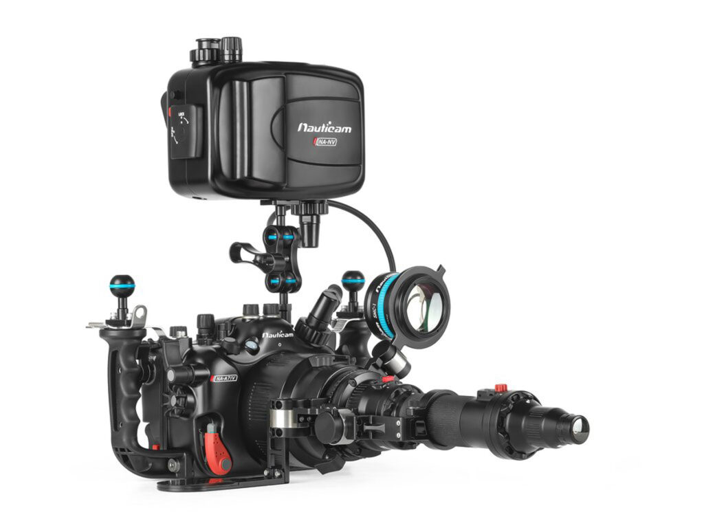 Underwater photography setup with Nauticam NA-A7IV housing for Sony A7IV camera, highlighting durable design and advanced features.