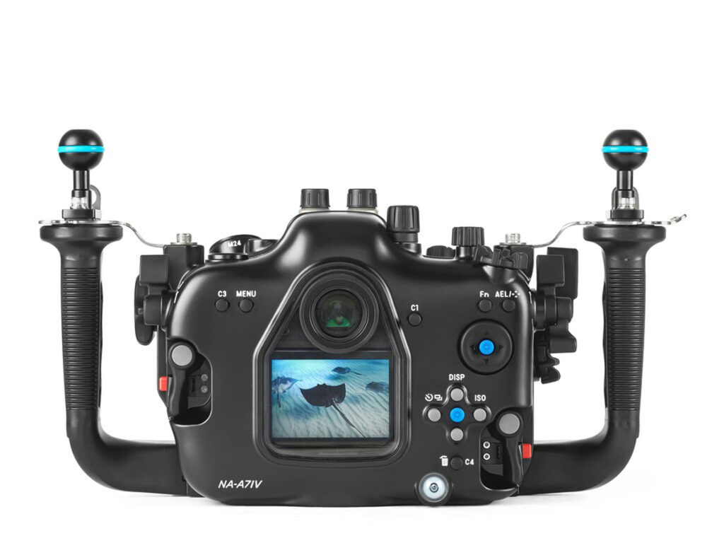 Underwater photography setup with Nauticam NA-A7IV housing for Sony A7IV camera, highlighting durable design and advanced features.