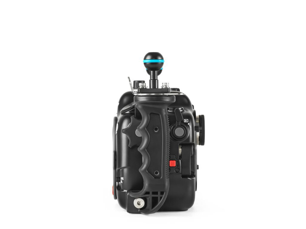 Underwater photography setup with Nauticam NA-A7IV housing for Sony A7IV camera, highlighting durable design and advanced features.