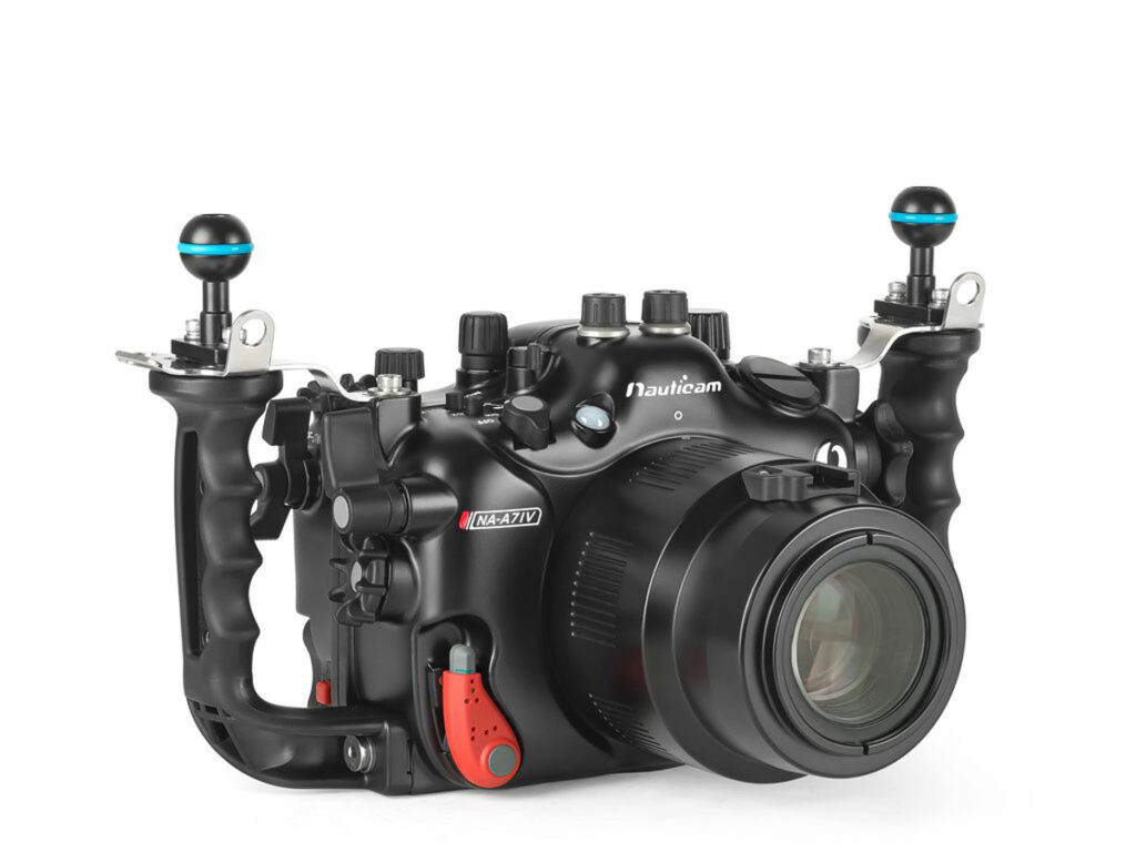 Underwater photography setup with Nauticam NA-A7IV housing for Sony A7IV camera, highlighting durable design and advanced features.