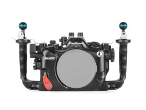 Front view of Nauticam NA-A7RV underwater housing for Sony α7R V, showcasing ergonomic controls and durable aluminum build, ideal for deep diving.