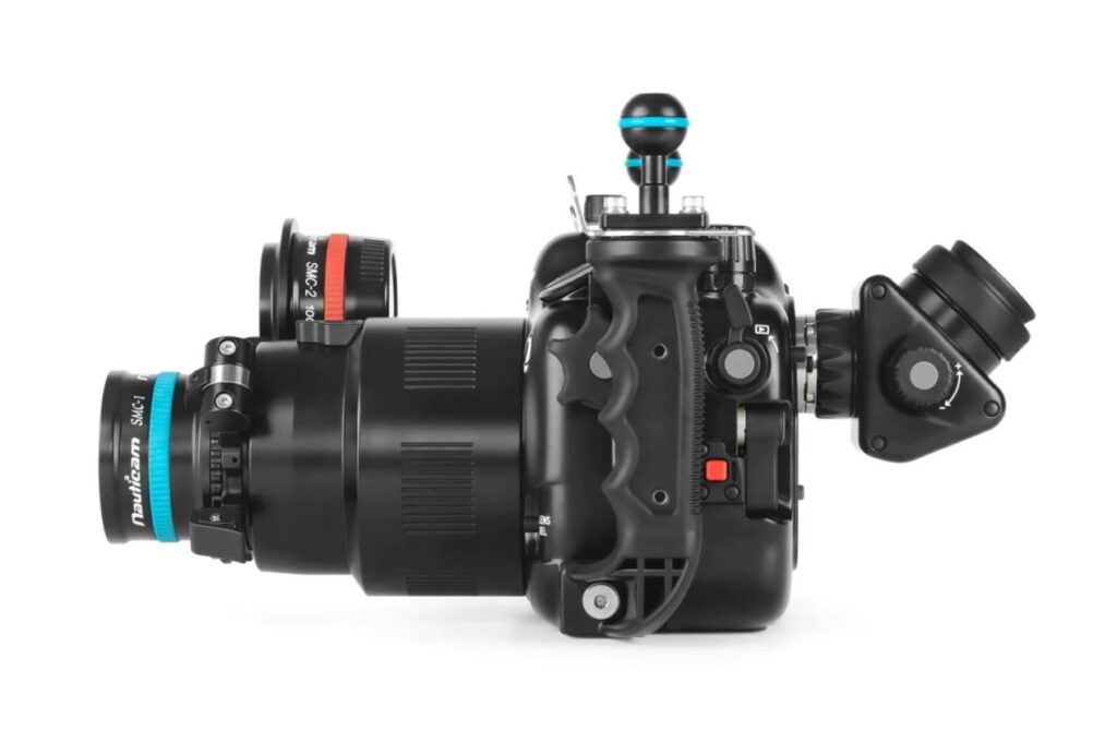 NA-A7RV underwater housing designed for the Sony α7R V camera, featuring a robust and ergonomic design.