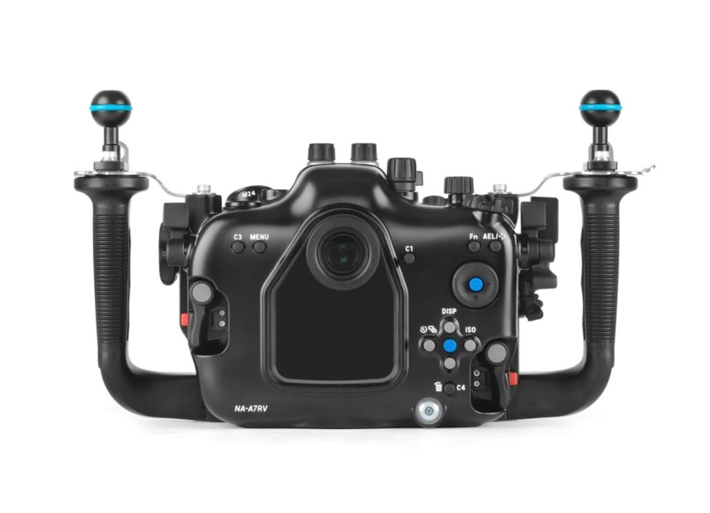 Back view of Nauticam NA-A7RV housing, highlighting the control layout for easy access during underwater photography.