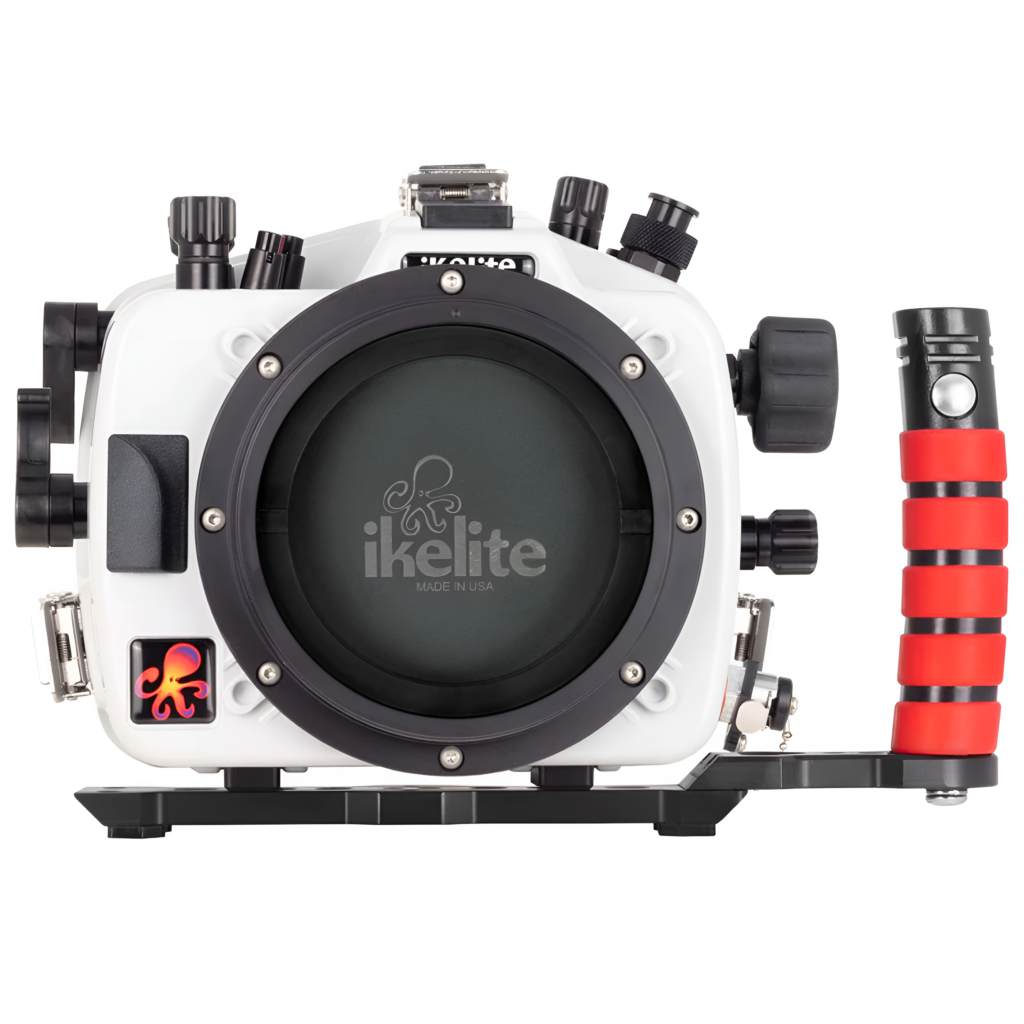 Front view of the Ikelite 200DL Underwater Housing for Canon EOS R5 II Mirrorless Digital Camera, showcasing its durable design and ergonomic controls.