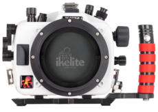 Front view of the Ikelite 200DL Underwater Housing for Canon EOS R5 II Mirrorless Digital Camera, showcasing its durable design and ergonomic controls.