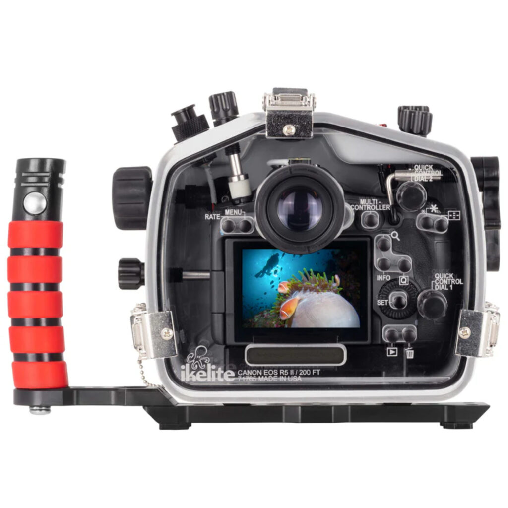 View of the Ikelite 200DL Underwater Housing for Canon EOS R5 II Mirrorless Digital Camera, showcasing its durable design and ergonomic controls.