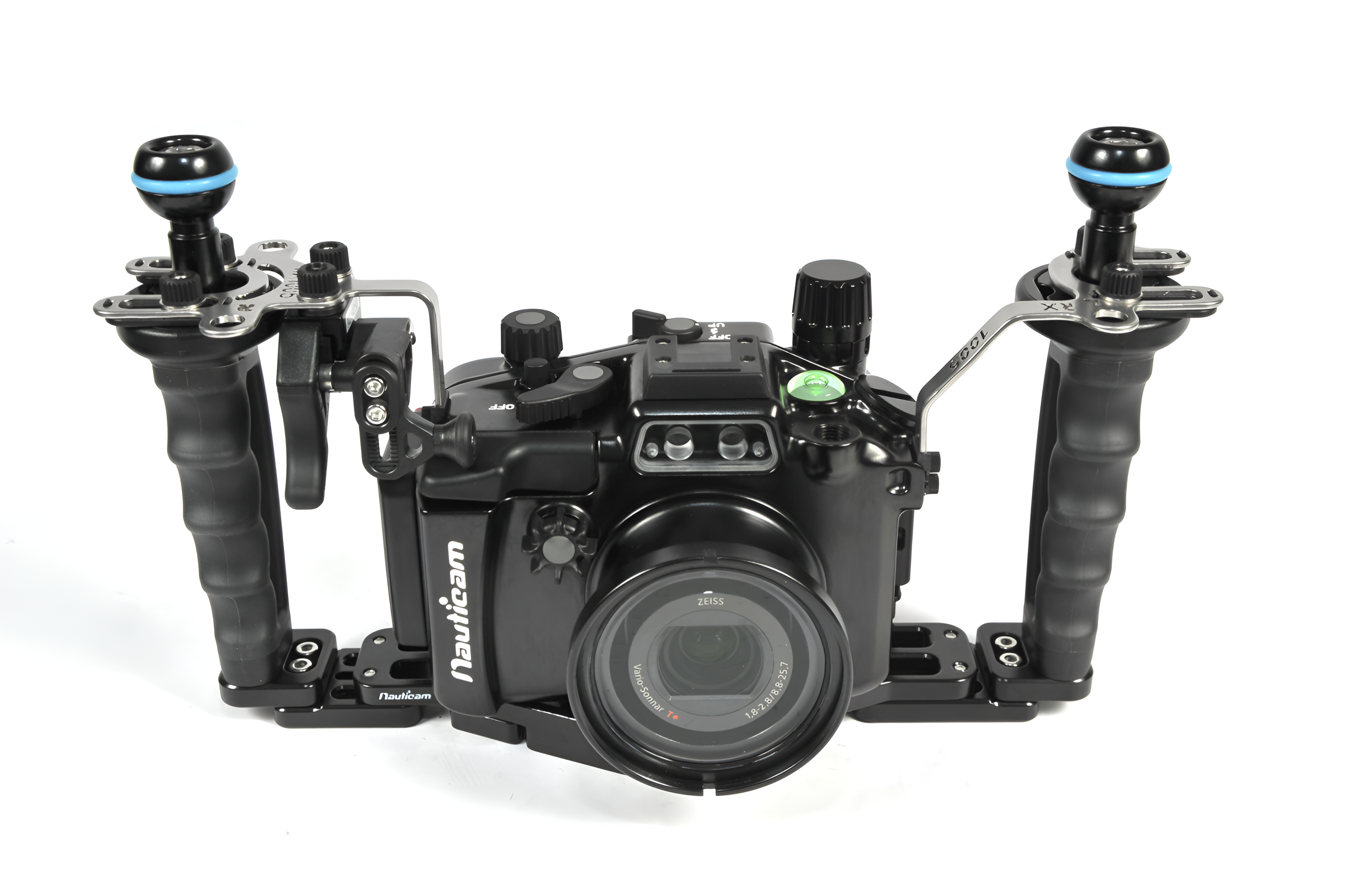 Nauticam RX100 MKV Pro Package with tray, handles, armballs, and vacuum valve for Sony RX100