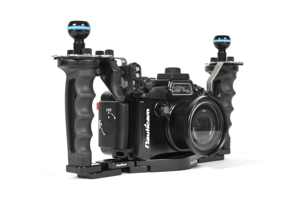 Nauticam RX100 MKV Pro Package with tray, handles, armballs, and vacuum valve for Sony RX100