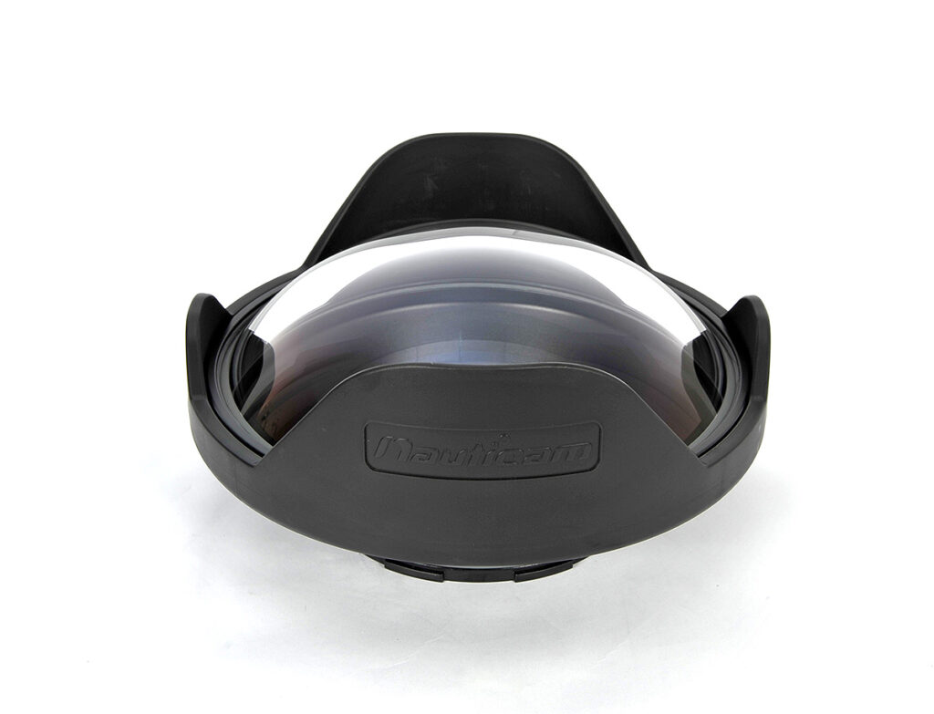 Underwater dome port designed for capturing wide-angle underwater images, featuring a clear acrylic lens and a robust housing for enhanced optical performance.