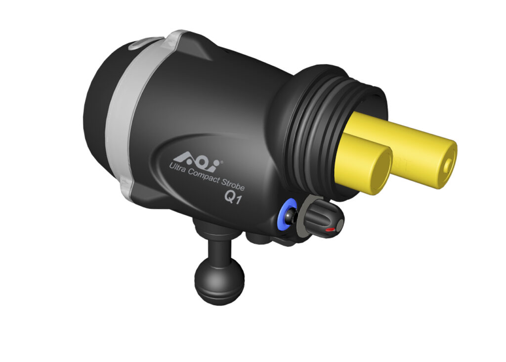 3D rendering of AOI Q1 Ultra Compact Strobe with visible yellow internal components and control knob, highlighting its compact design and functional elements for underwater photography.