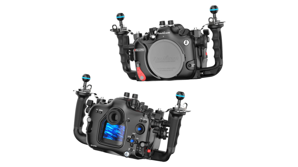 Underwater Photography Housings: Durable camera housing shown from front and back, designed for professional underwater use with ergonomic grips and control accessibility