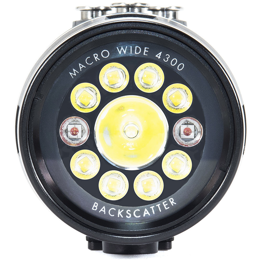 Front view of the Backscatter Macro Wide 4300 Underwater Video Light, showing the LED array designed for powerful wide and macro lighting. The "Macro Wide 4300" and "Backscatter" branding is visible around the lens, highlighting its high-performance underwater illumination capabilities.