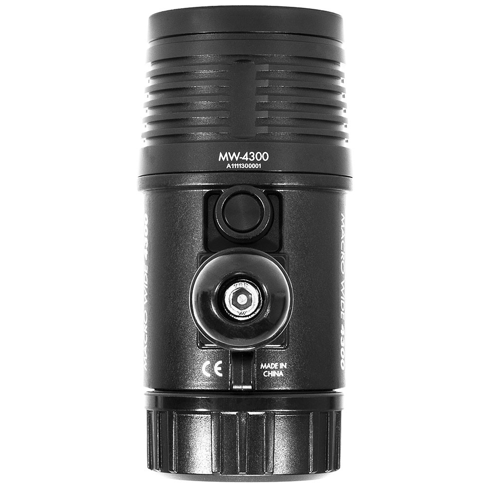 Back view of the Backscatter Macro Wide 4300 Underwater Video Light (MW-4300), showing the control buttons and power connector. The durable, streamlined design highlights its robust construction for underwater use. The model number "MW-4300" is clearly displayed, emphasizing its identity as a high-performance dive light.