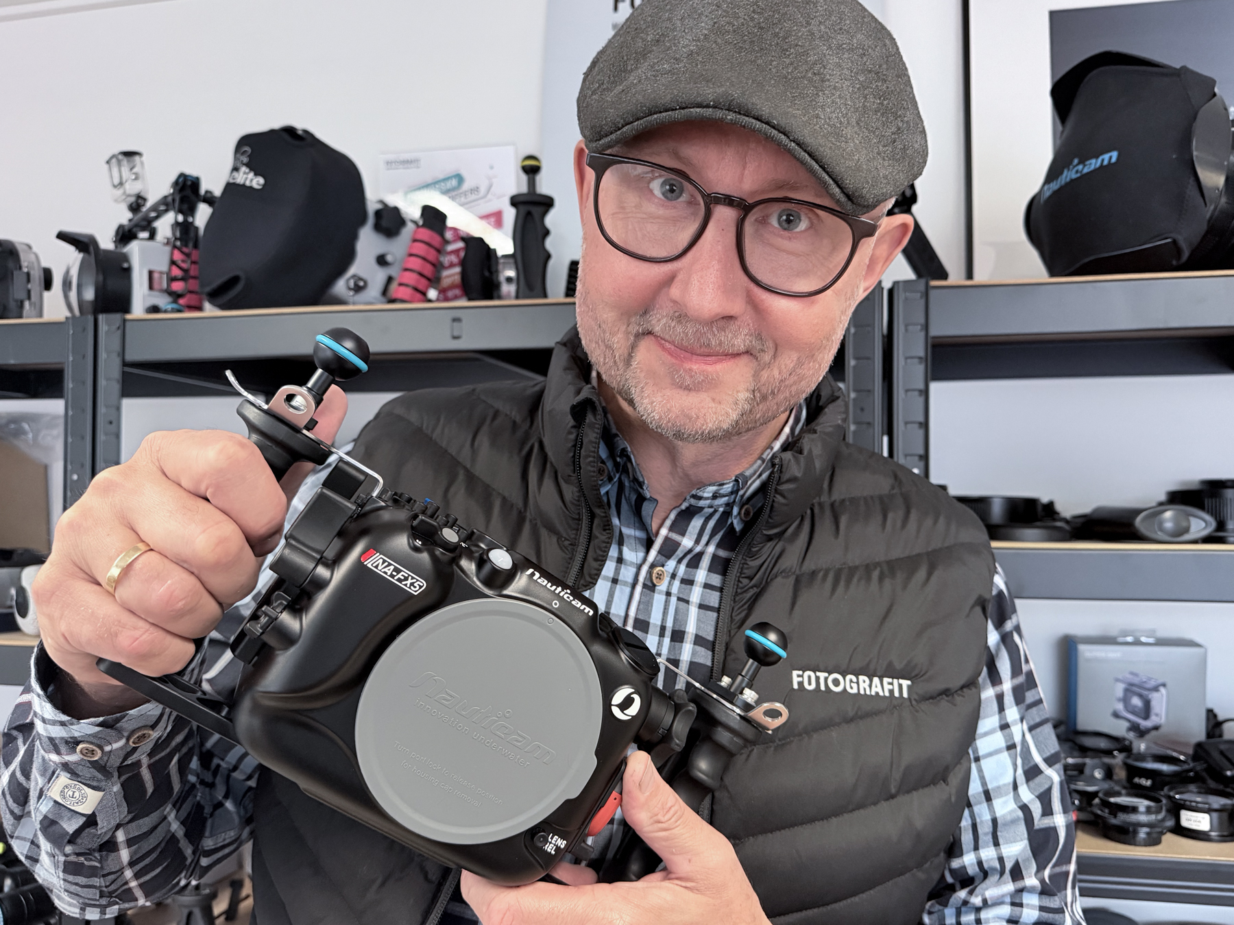 Lars Kirkegaard holding the Nauticam NA-FX5 underwater housing for Sony FX5