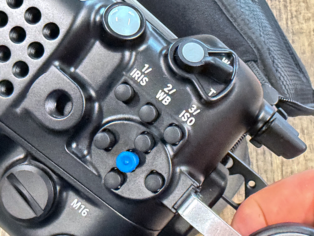 Close-up of the Iris, White Balance, ISO and joystick controls on the Nauticam NA-FX5 housing