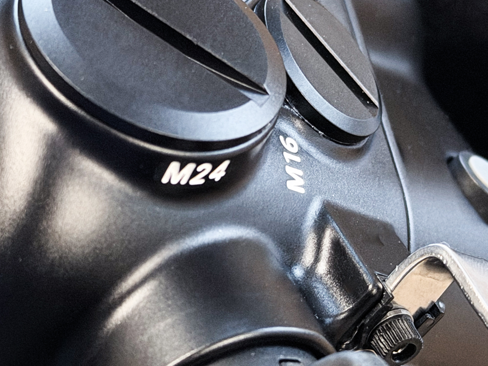 Close-up of the M16 and M24 accessory ports on the Nauticam NA-FX5 housing